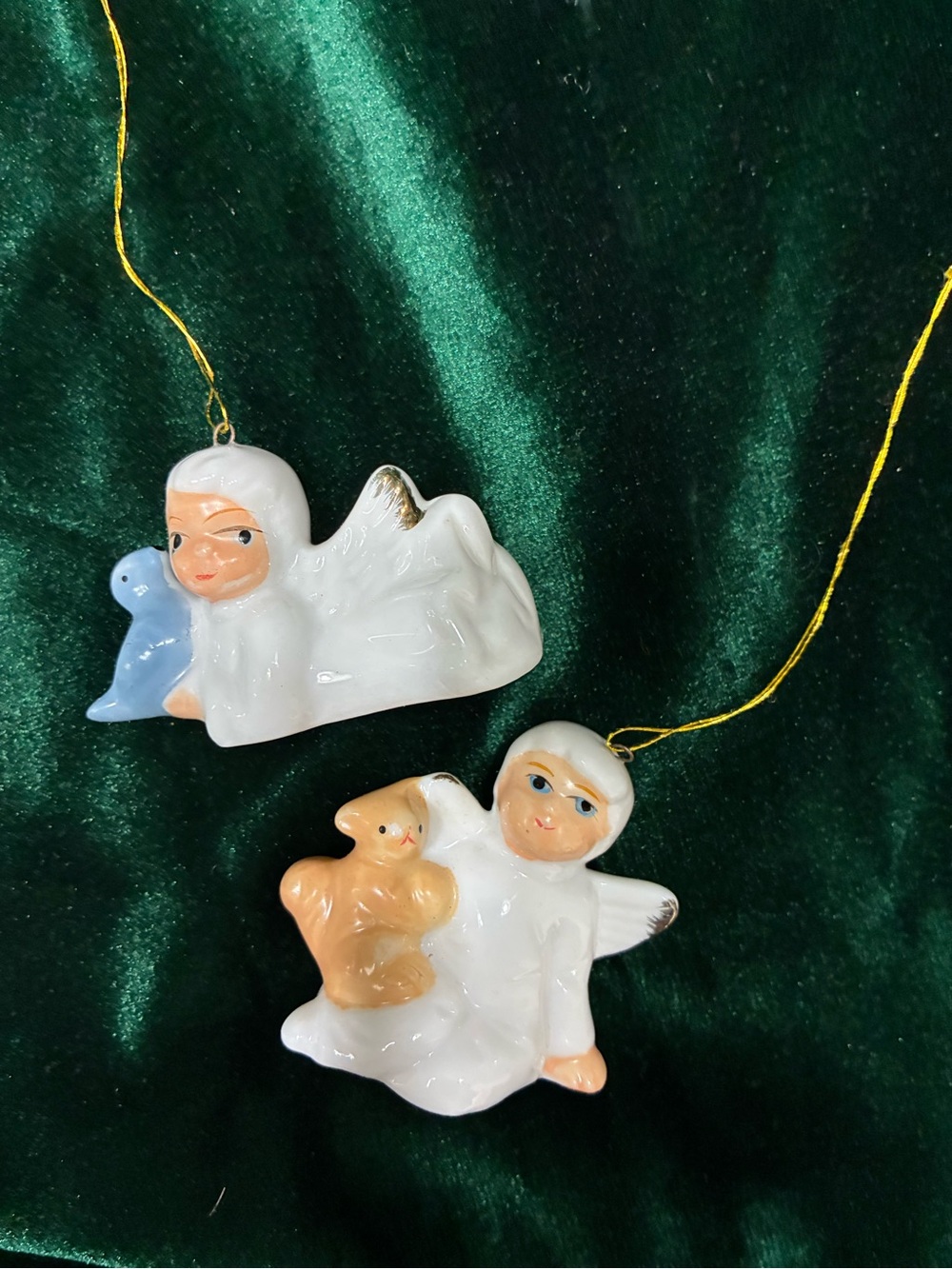 VTG Bone China Angel Holiday Ornaments with Teddy Bear and Blue Bird ADORABLE ❤️